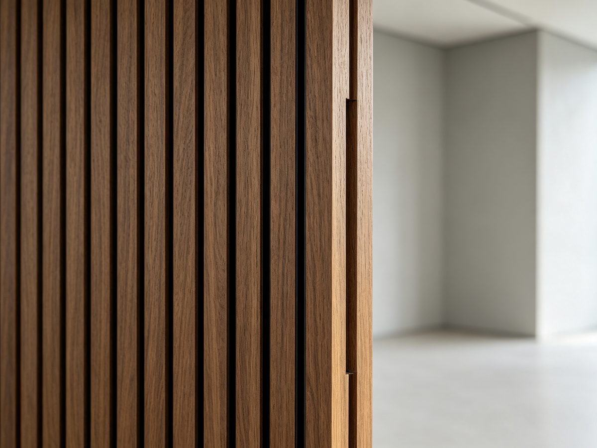 Brown wood slat akupanel panels in a restaurant or cafe interior