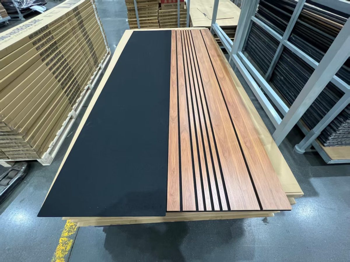 Light walnut akupanel wood slat panels in a hotel hospitality interior