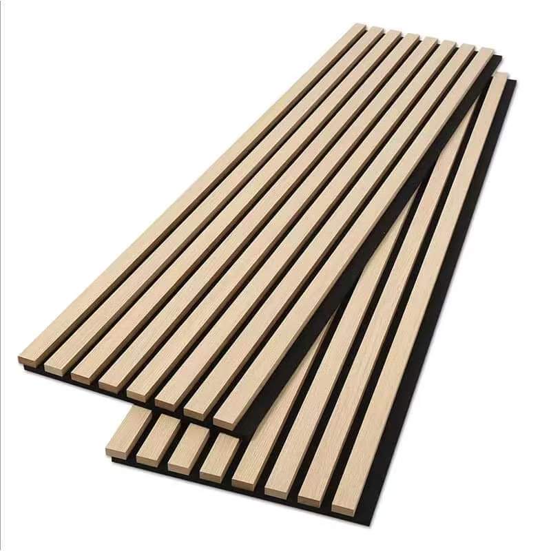 Triple-side wrapped gray technology wood veneer acoustic slat wall panels