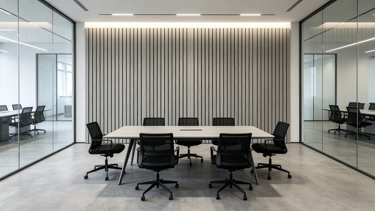 Gray tech wood akupanel panels installed in a glass office meeting room