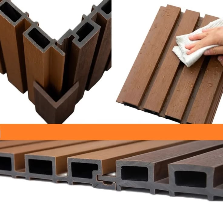 Coffee brown WPC fluted panels corner installation detail