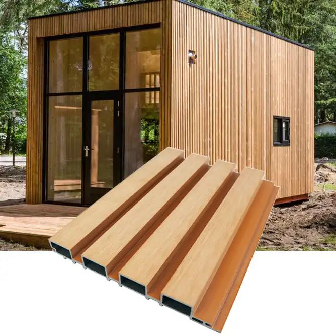 Natural wood color WPC fluted wall panels on exterior building wall