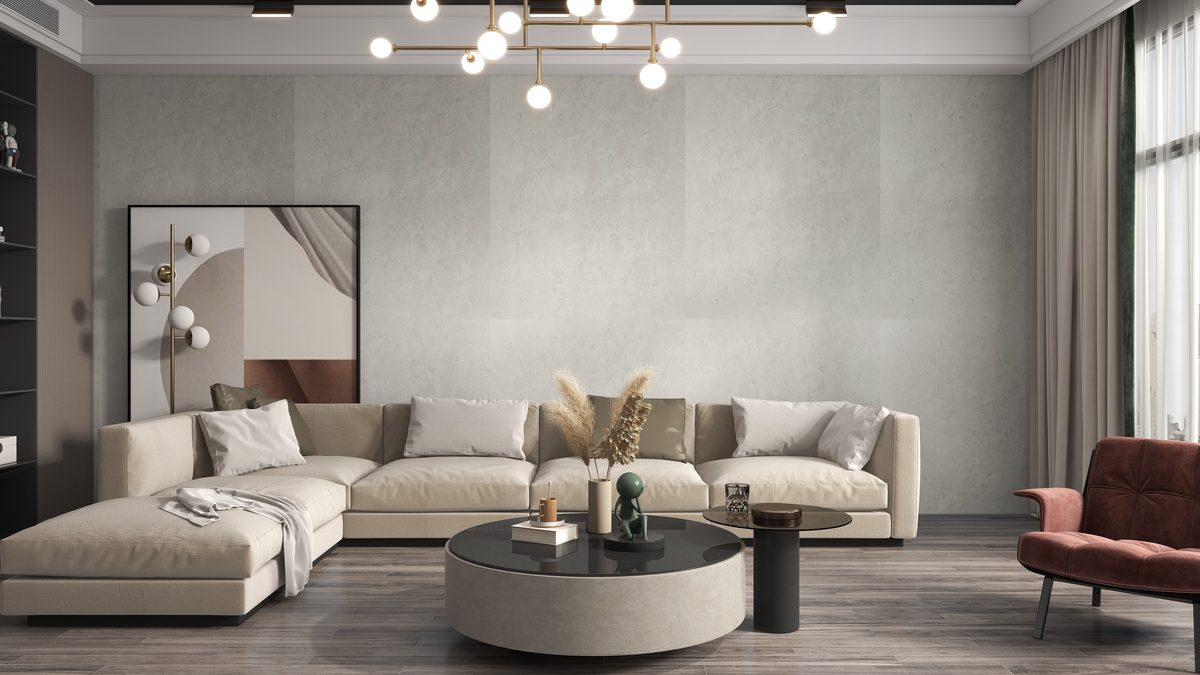 Concrete-style SPC wall panel in commercial space