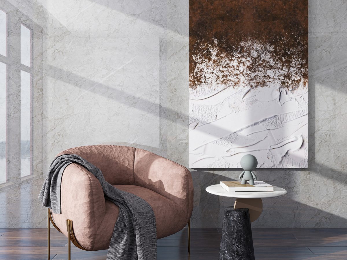 Light gray marble SPC wall panel in residential interior