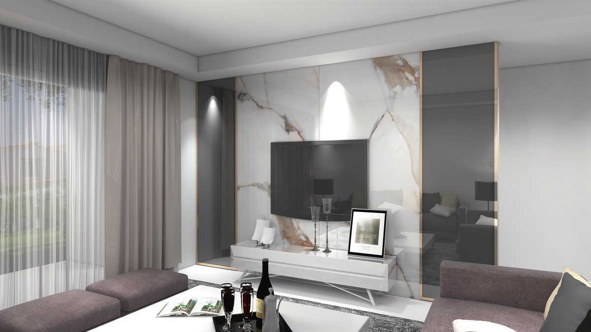 White gold marble SPC wall panel in hotel lobby