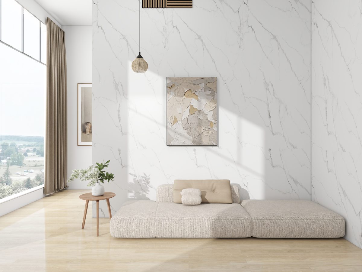 Carrara white marble SPC wall panel in hotel interior
