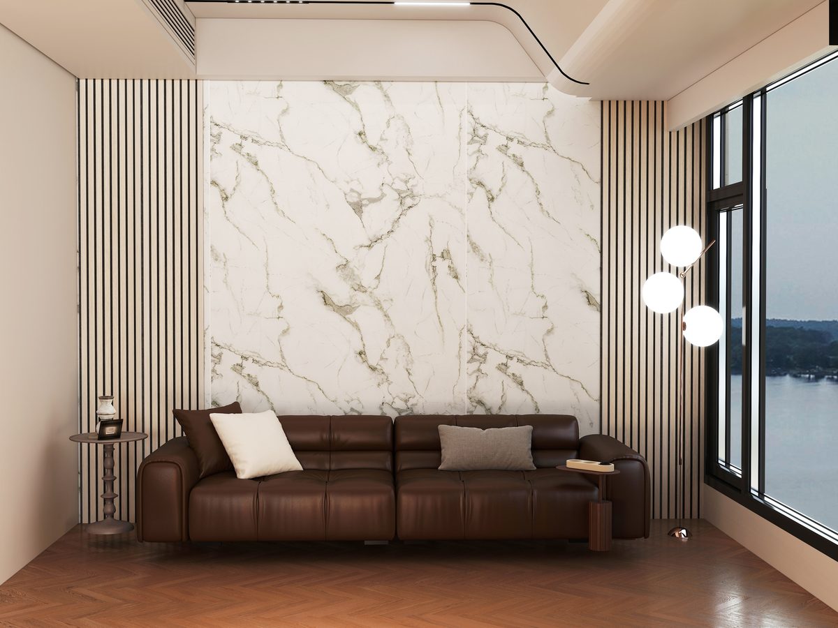 Green marble SPC wall panel in residential interior