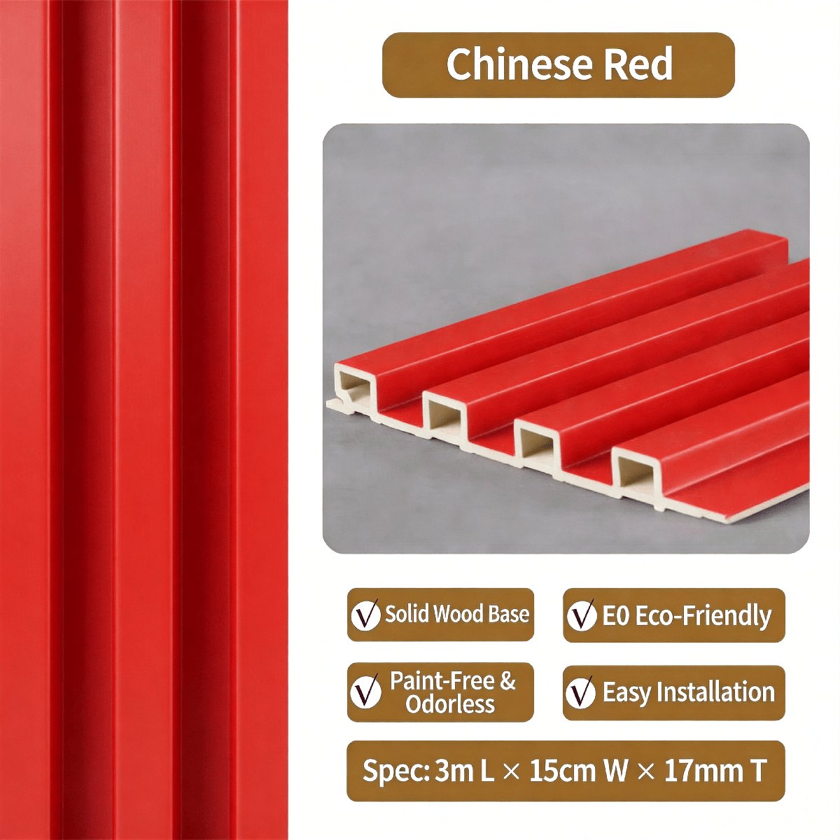 Chinese Red PVC fluted wall panel — rich vibrant red wood grain grille panel inspired by traditional Chinese lacquer