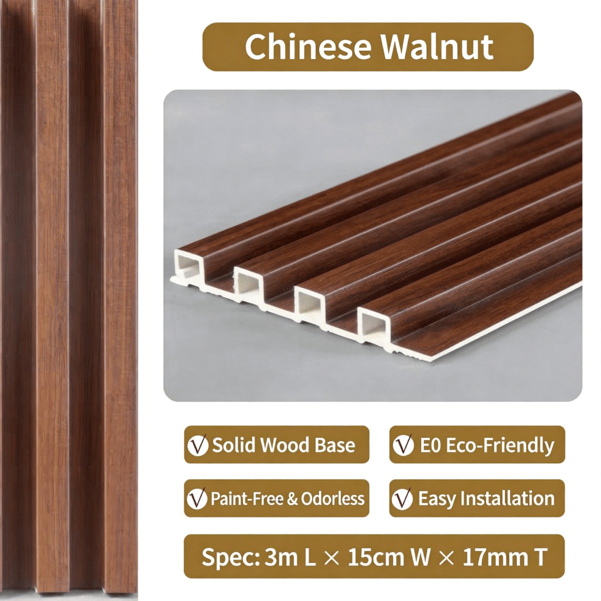 Chinese Walnut PVC fluted wall panel — classic medium-brown walnut wood grain grille panel