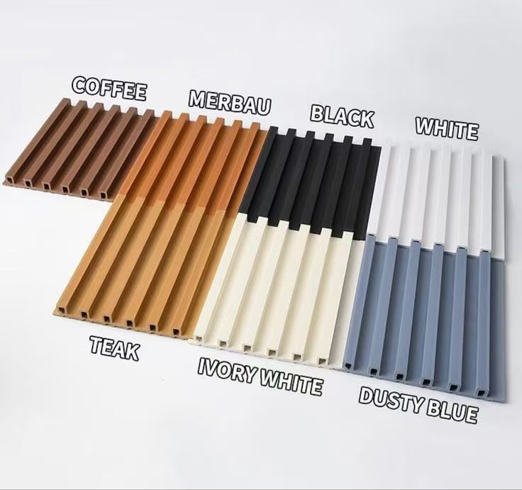 PVC fluted wall panels solid color range chart — grey, green, brown and bold color options for wholesale buyers