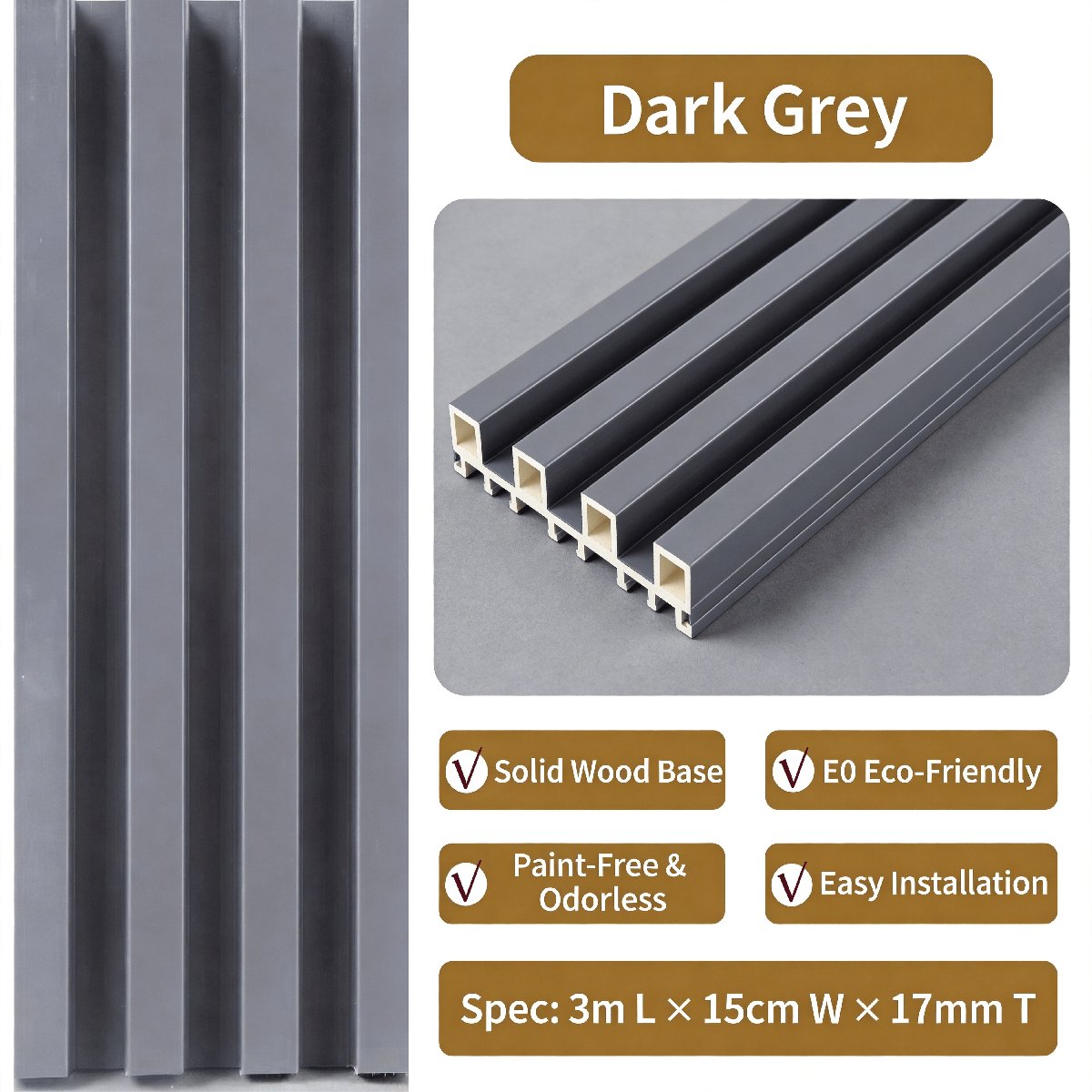 Dark Grey PVC fluted wall panel — sleek dark grey solid finish grille panel for contemporary offices
