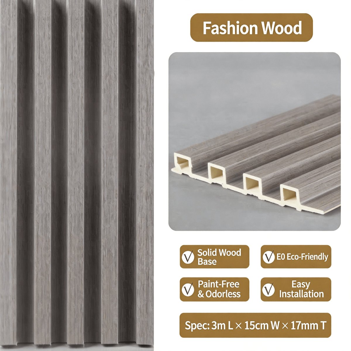 Fashion Wood PVC fluted wall panel — contemporary grey-brown wood grain grille panel for Scandinavian interiors