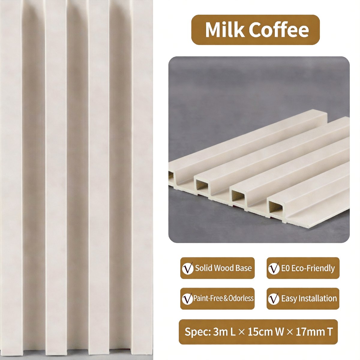 Milk Coffee PVC fluted wall panel — warm milk coffee brown solid grille panel for bedrooms