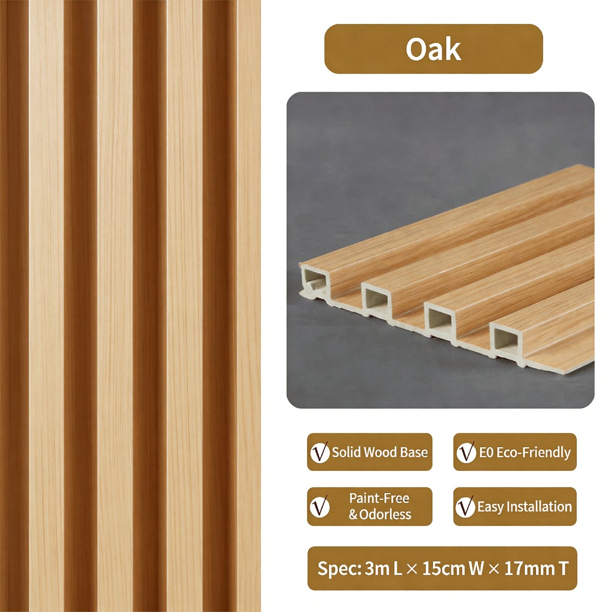 Oak PVC fluted wall panel — light natural oak wood grain grille panel with warm golden undertones