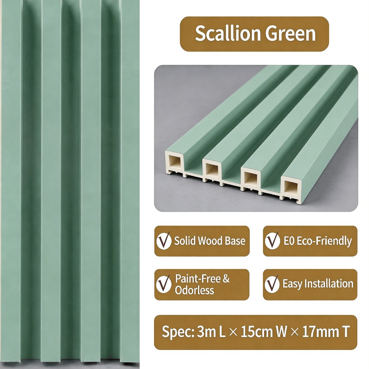 Fluted PVC wall panels wholesale — scallion green solid color grille wall panels with WPC core installed in a modern interior