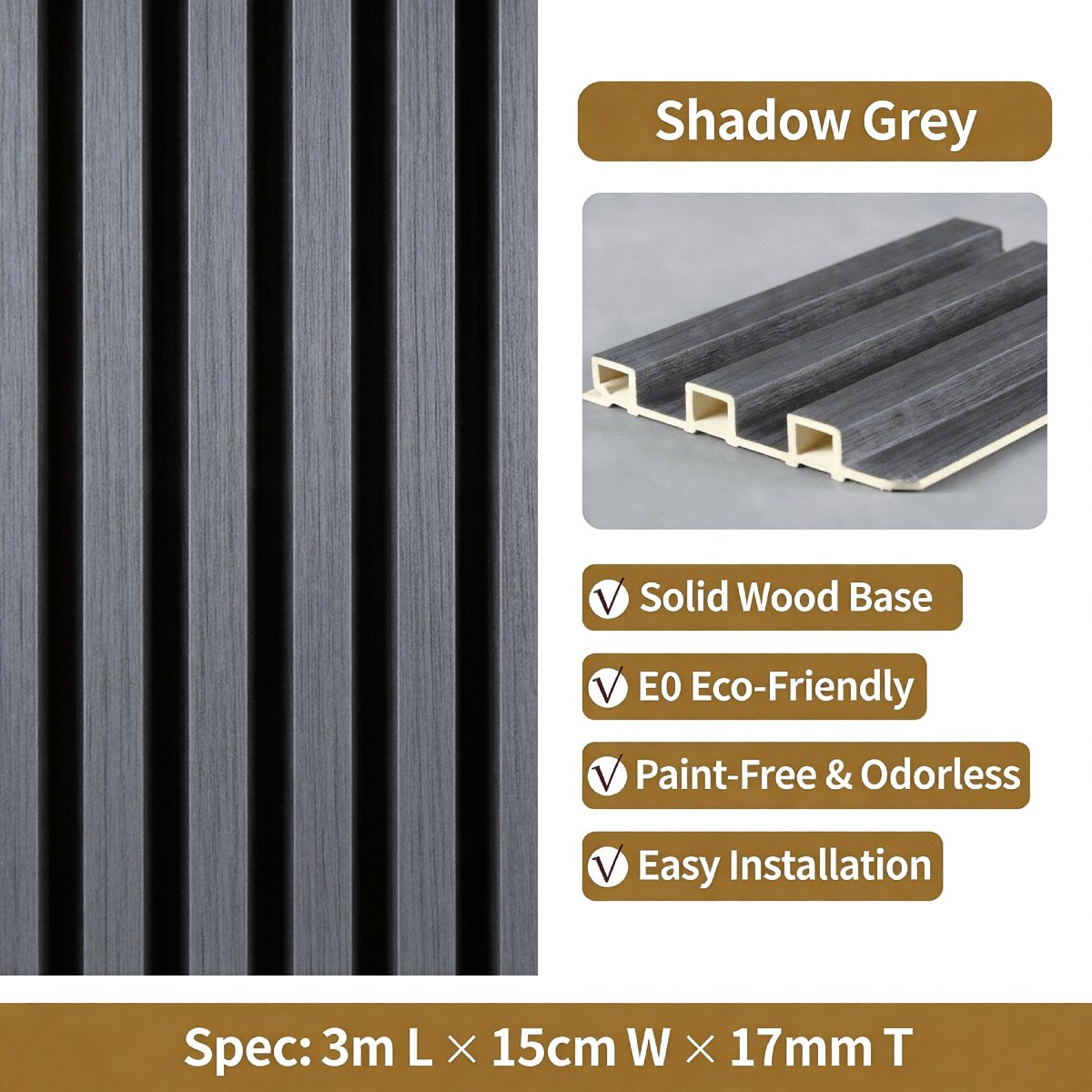 Shadow Grey PVC fluted wall panel — elegant soft muted grey solid grille panel, a versatile neutral