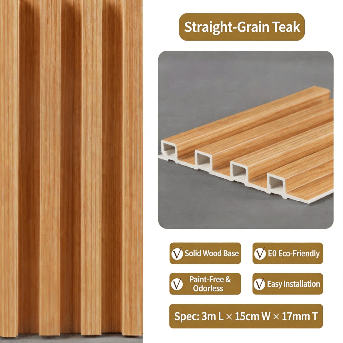 Straight-Grain Teak PVC fluted wall panel — warm golden teak wood grain grille panel for living rooms