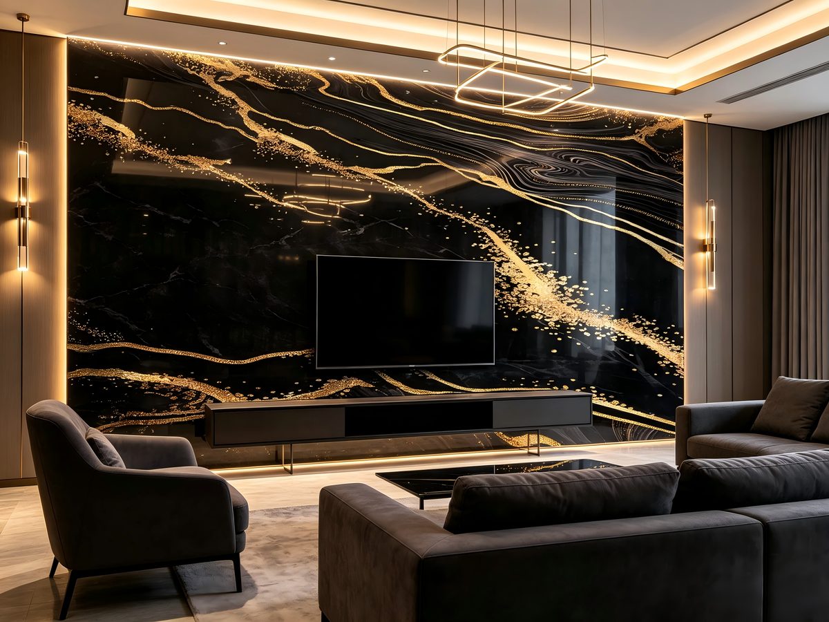 Black Gilded SPC wall panel — dark marble with gold metallic accents