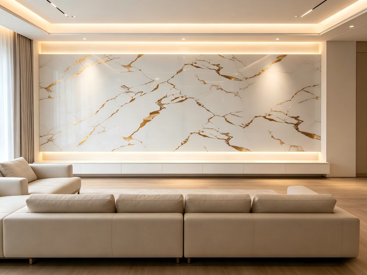 Champagne Gold SPC marble wall panel with warm metallic tones